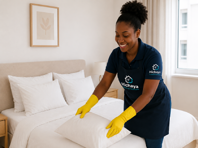 A professional cleaner tidying an Airbnb property in Ikeja
