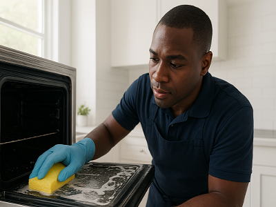 A professional cleaner wiping a kitchen oven