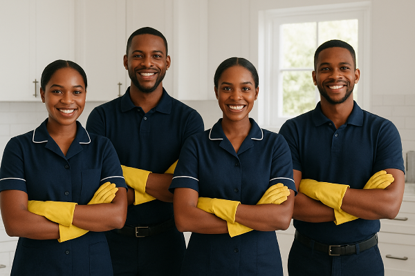 A group of Professional cleaners in a tidy living room