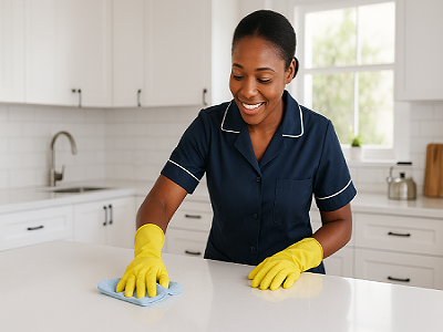 A professional cleaner tidying a home kitchen