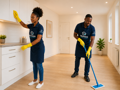 Professional cleaners wiping kitchen cabinets in a Lagos home