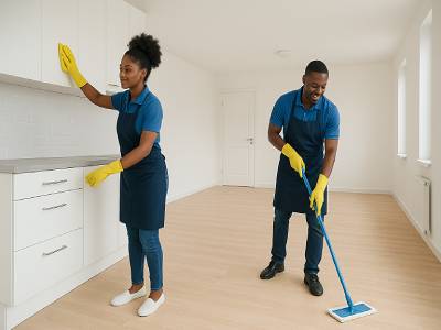 Professional cleaners wiping kitchen cabinets