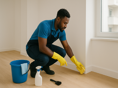 A professional cleaner wiping dust from a wall surface
